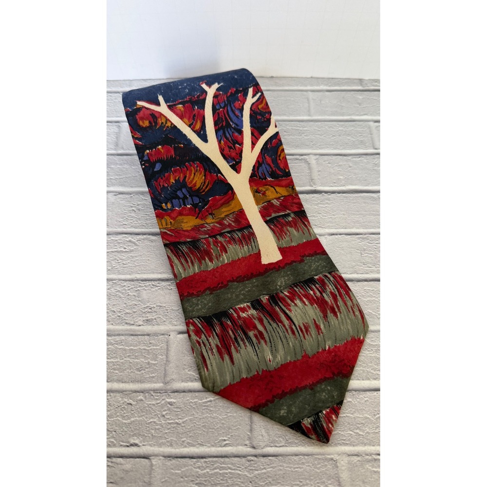 Desert Designs Jimmy Pike Mens Silk Tie Aboriginal Art Landscape Red Navy Multi